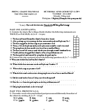 Đề thi học sinh giỏi huyện môn Tiếng Anh Lớp 9 - Năm học 2014-2015 - Trường THCS Kim An (Có đáp án)